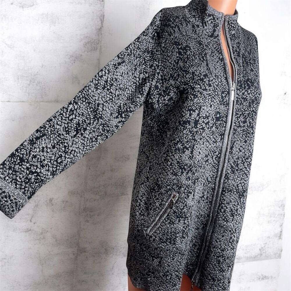 Fontana Jacket Coat, Gray Black Trim Shiny Full Zip Oversized‎ Long Knit XL